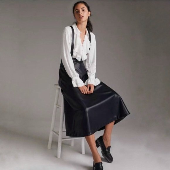 Anthropologie Faux Leather Pinafore Suspender Midi Skirt Size 00P Pockets  Black